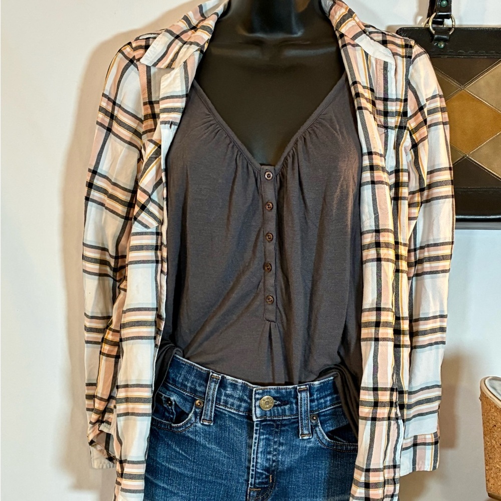Lucky Brand XS Plaid Cream & Black‎ Button Down Shirt Country Western Top